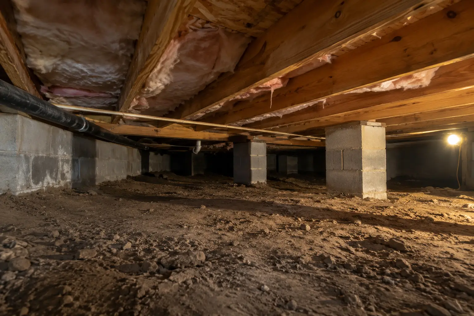 Dirt-floor crawl space with block piers under a Lafayette, CO home before vapor barrier installation