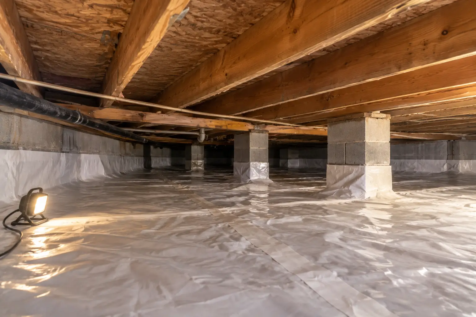 Crawl space radon mitigation vapor barrier sealed across the floor and taped to the block piers